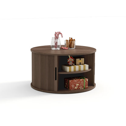 Round Fluted Coffee Table with Large Storage, Mid-Century Style, Sliding Tambour Door for Living Room