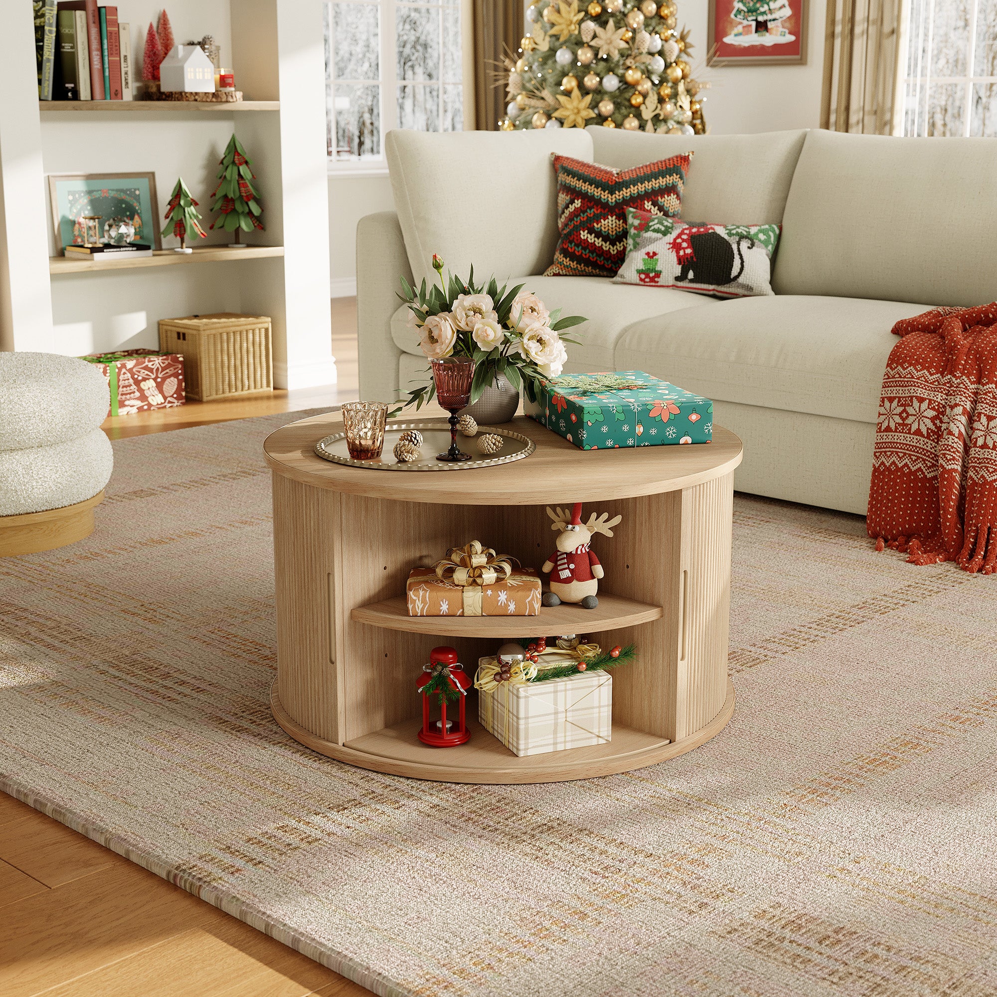 Round Fluted Coffee Table with Large Storage, Mid-Century Style, Sliding Tambour Door for Living Room