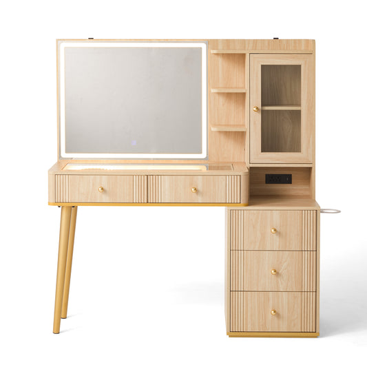 Makeup Vanity Desk with Mirror, Adjustable 3-Color LED and Charging Outlet