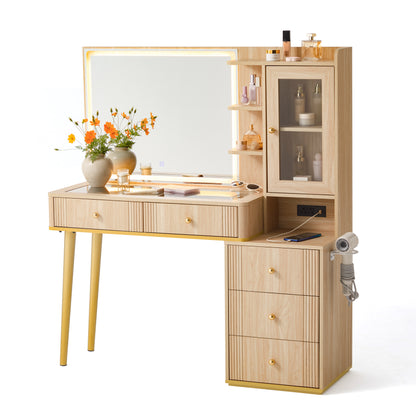 Makeup Vanity Desk with Mirror, Adjustable 3-Color LED and Charging Outlet