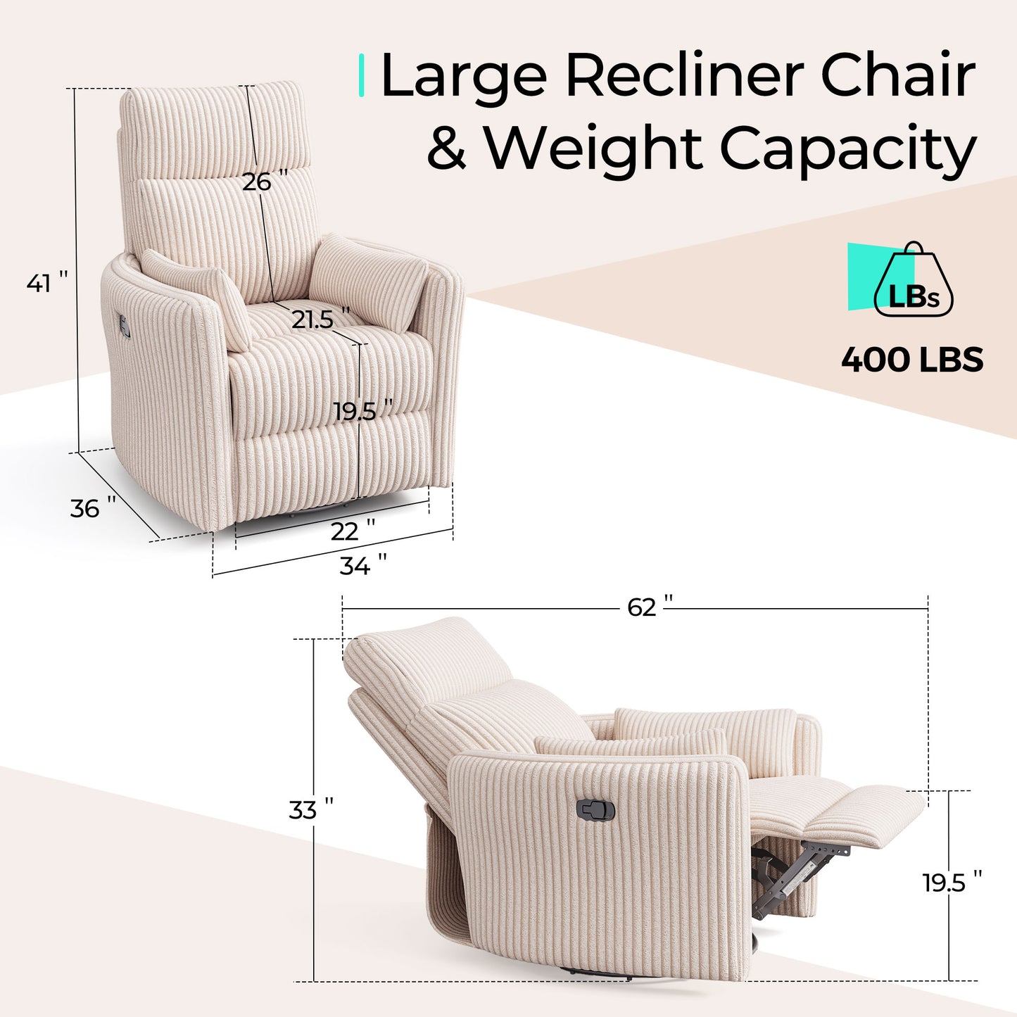 360 Swivel Rocker Recliner - Corduroy Nursery Glider Rocking Chair with 2 Pillows