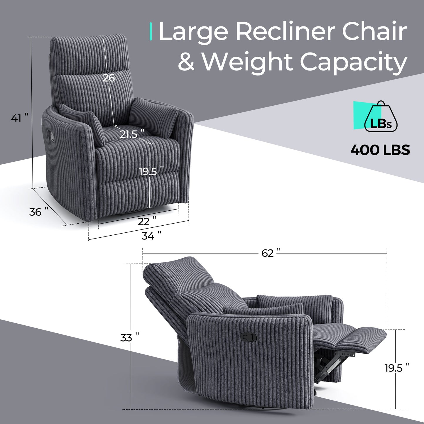 360 Swivel Rocker Recliner - Corduroy Nursery Glider Rocking Chair with 2 Pillows