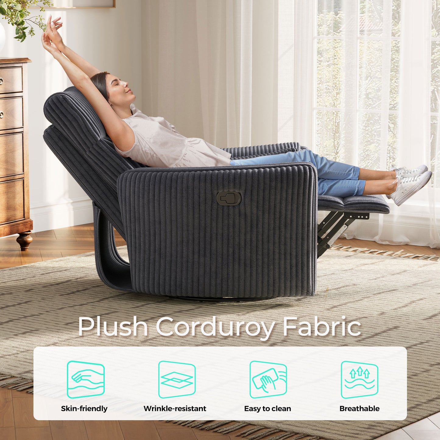 360 Swivel Rocker Recliner - Corduroy Nursery Glider Rocking Chair with 2 Pillows