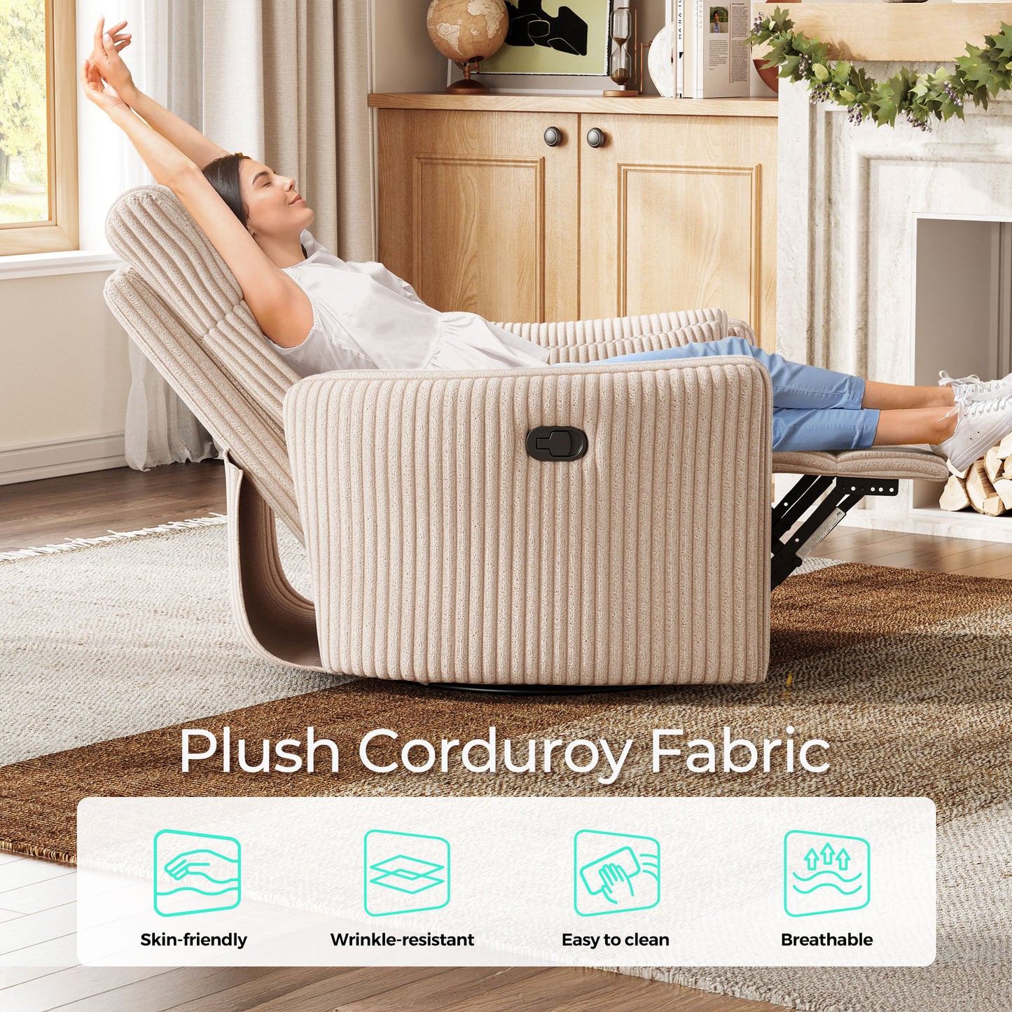 360 Swivel Rocker Recliner - Corduroy Nursery Glider Rocking Chair with 2 Pillows