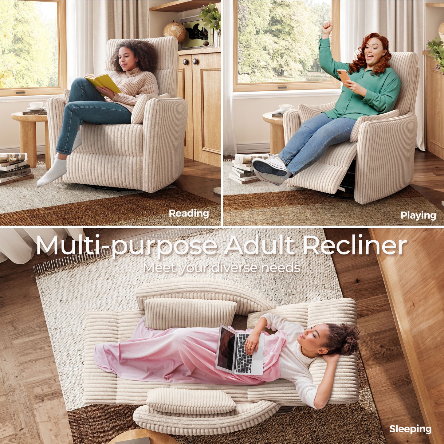 360 Swivel Rocker Recliner - Corduroy Nursery Glider Rocking Chair with 2 Pillows