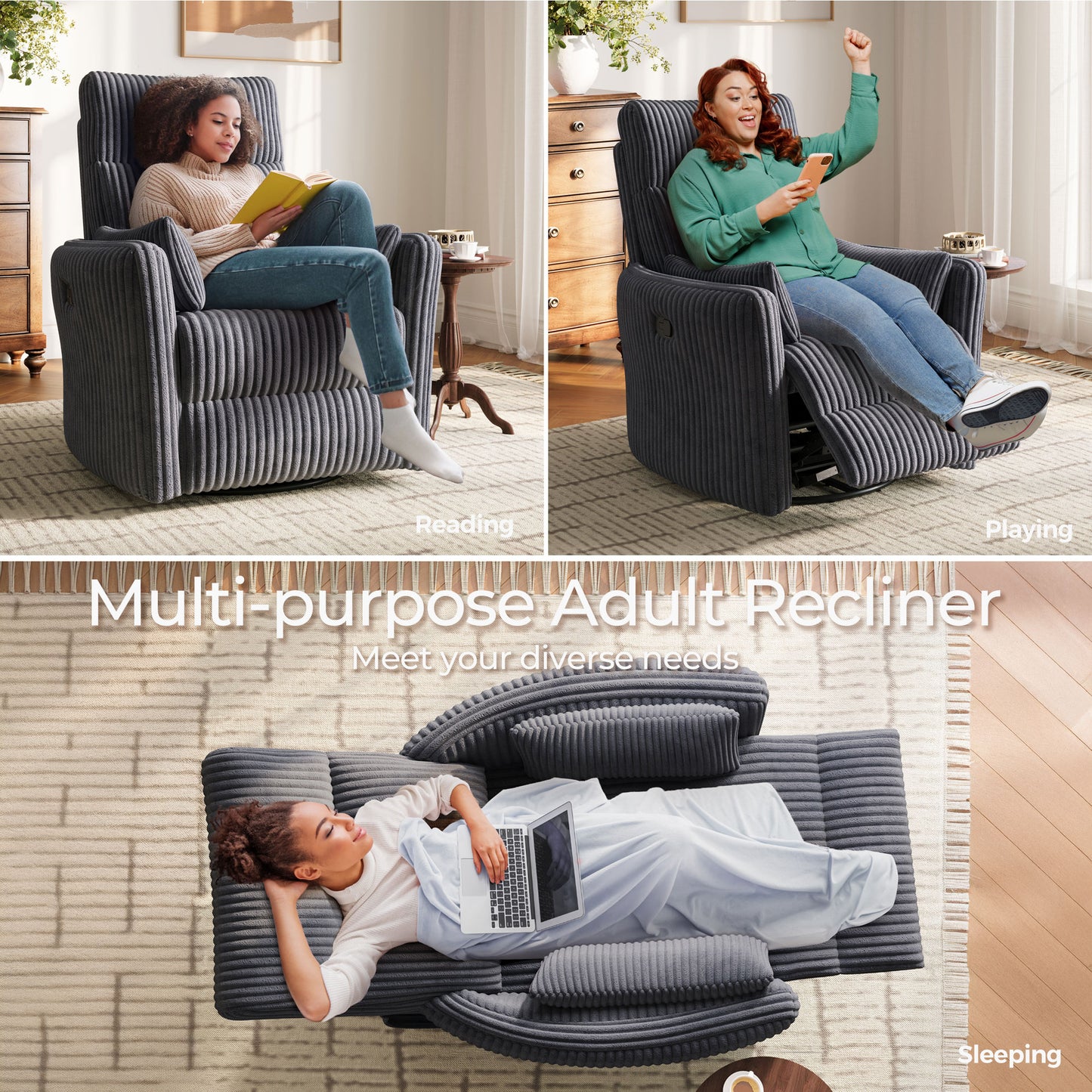 360 Swivel Rocker Recliner - Corduroy Nursery Glider Rocking Chair with 2 Pillows