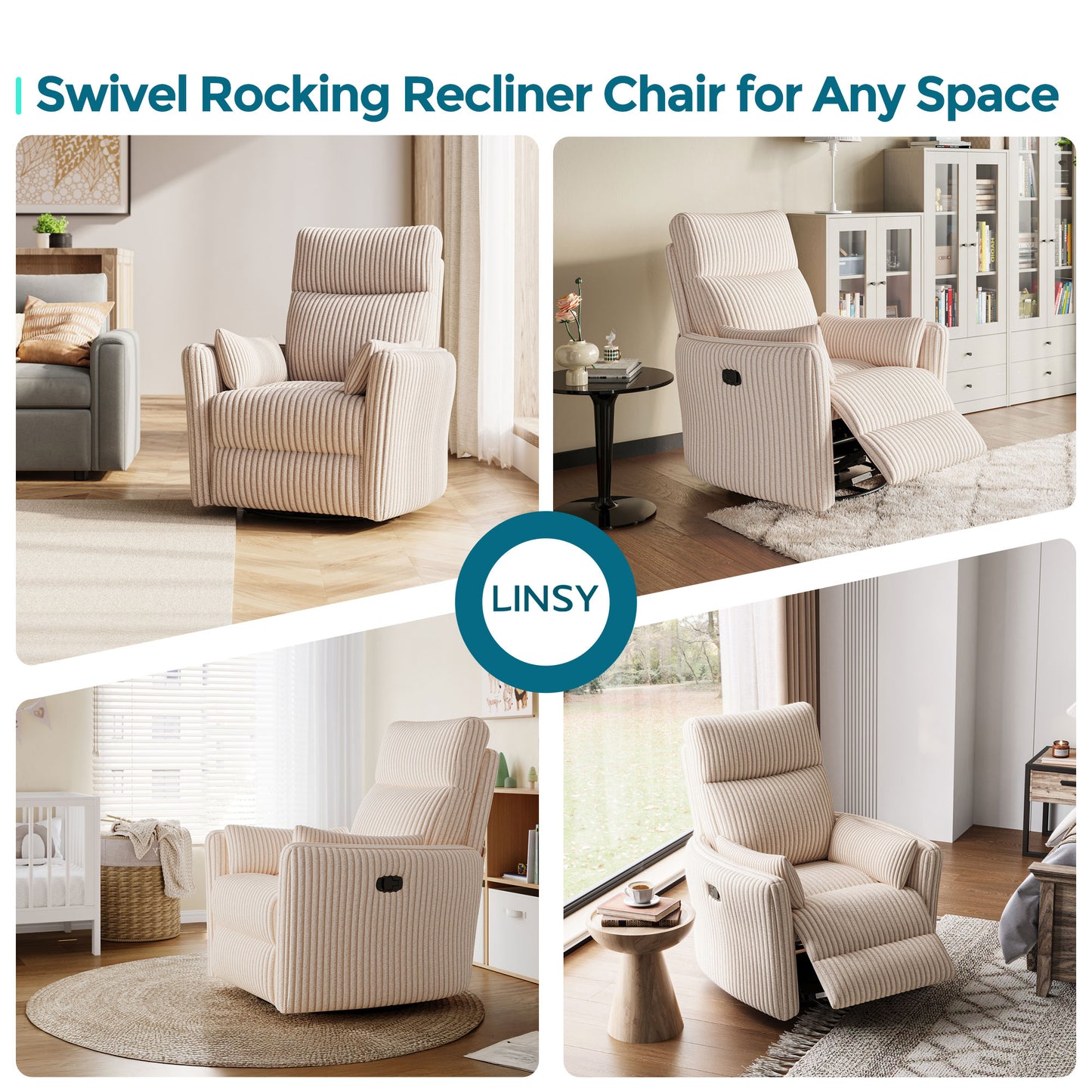 360 Swivel Rocker Recliner - Corduroy Nursery Glider Rocking Chair with 2 Pillows