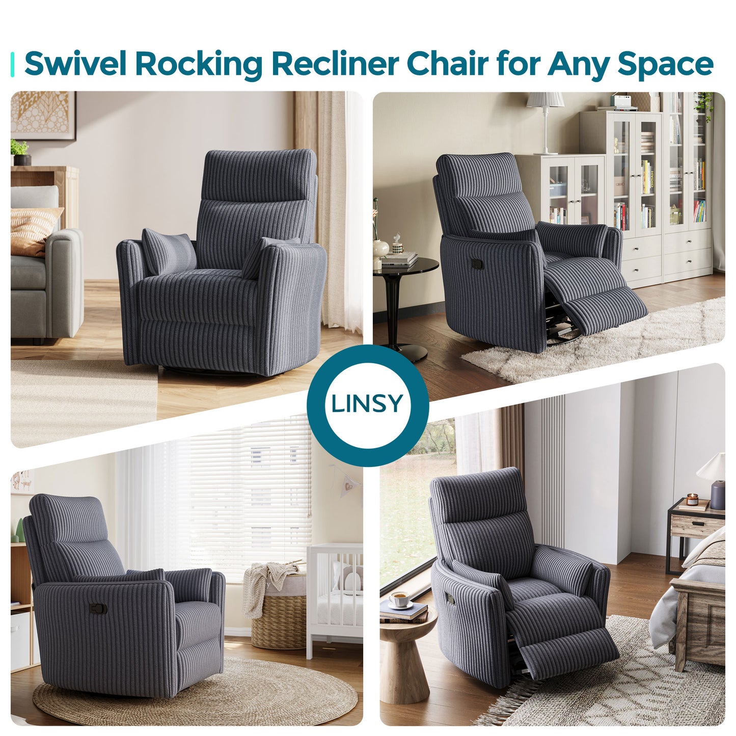 360 Swivel Rocker Recliner - Corduroy Nursery Glider Rocking Chair with 2 Pillows