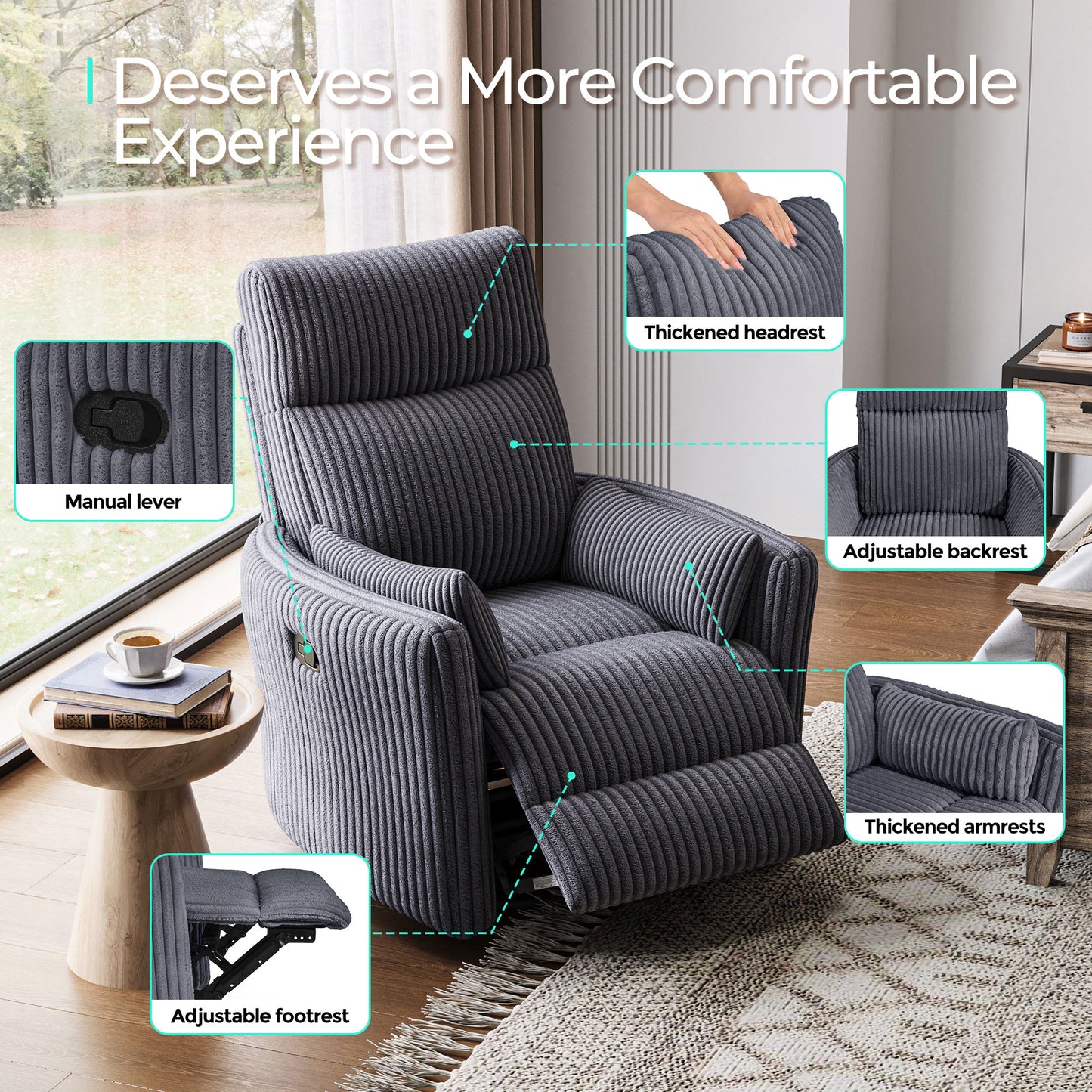 360 Swivel Rocker Recliner - Corduroy Nursery Glider Rocking Chair with 2 Pillows