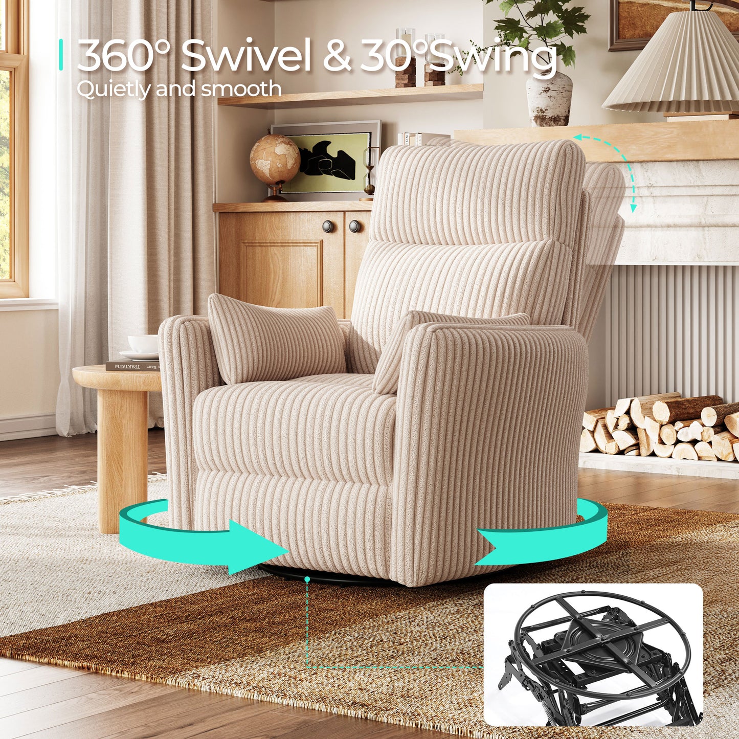 360 Swivel Rocker Recliner - Corduroy Nursery Glider Rocking Chair with 2 Pillows