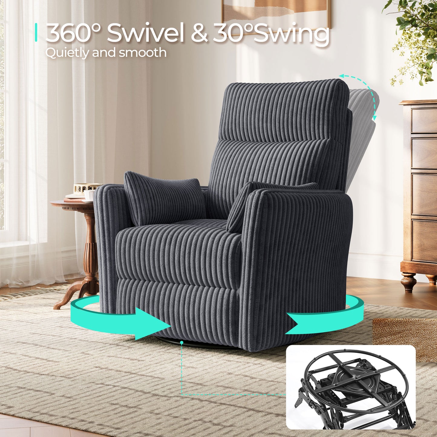 360 Swivel Rocker Recliner - Corduroy Nursery Glider Rocking Chair with 2 Pillows