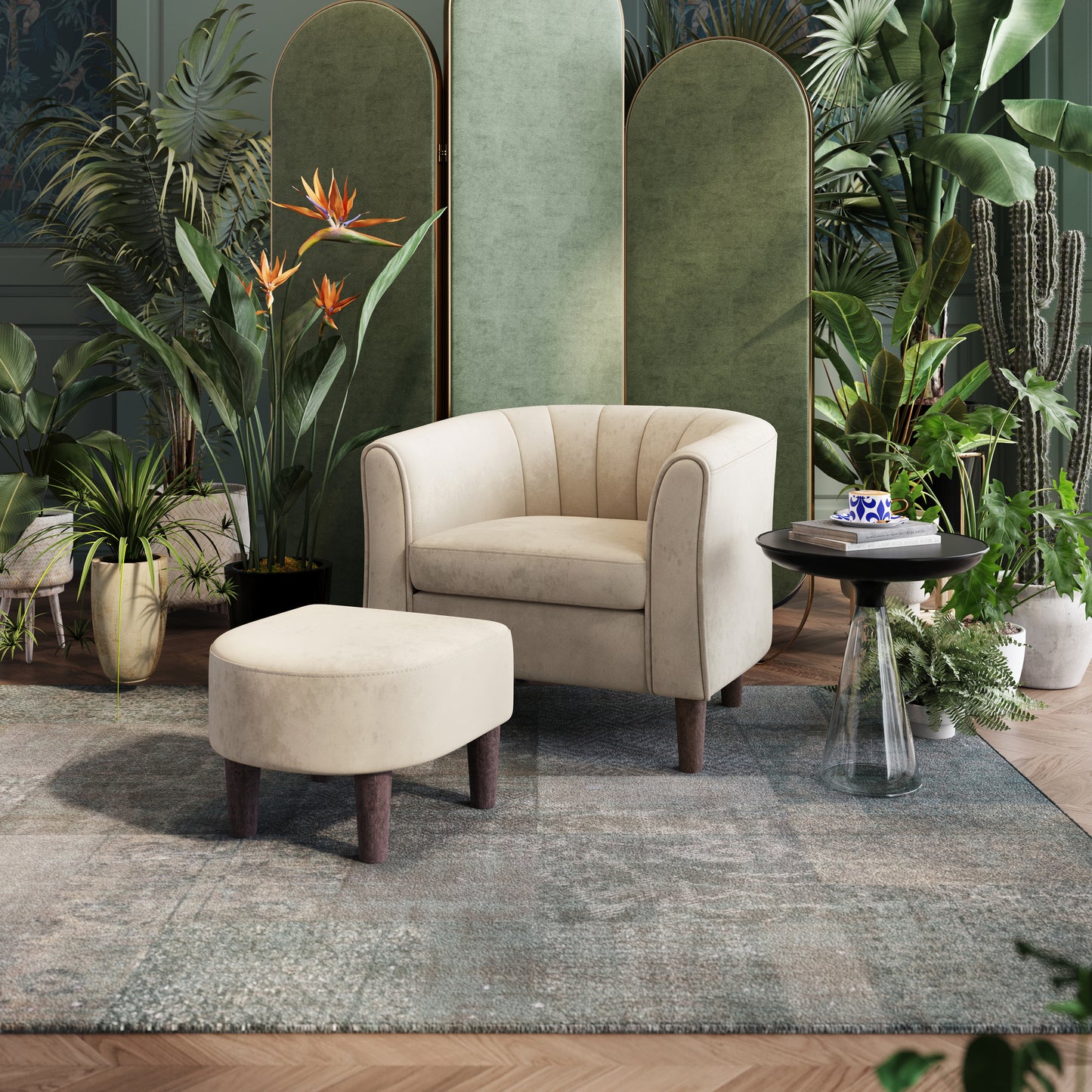 Accent Chair with Ottoman, Velvet Barrel Chair for Living Room