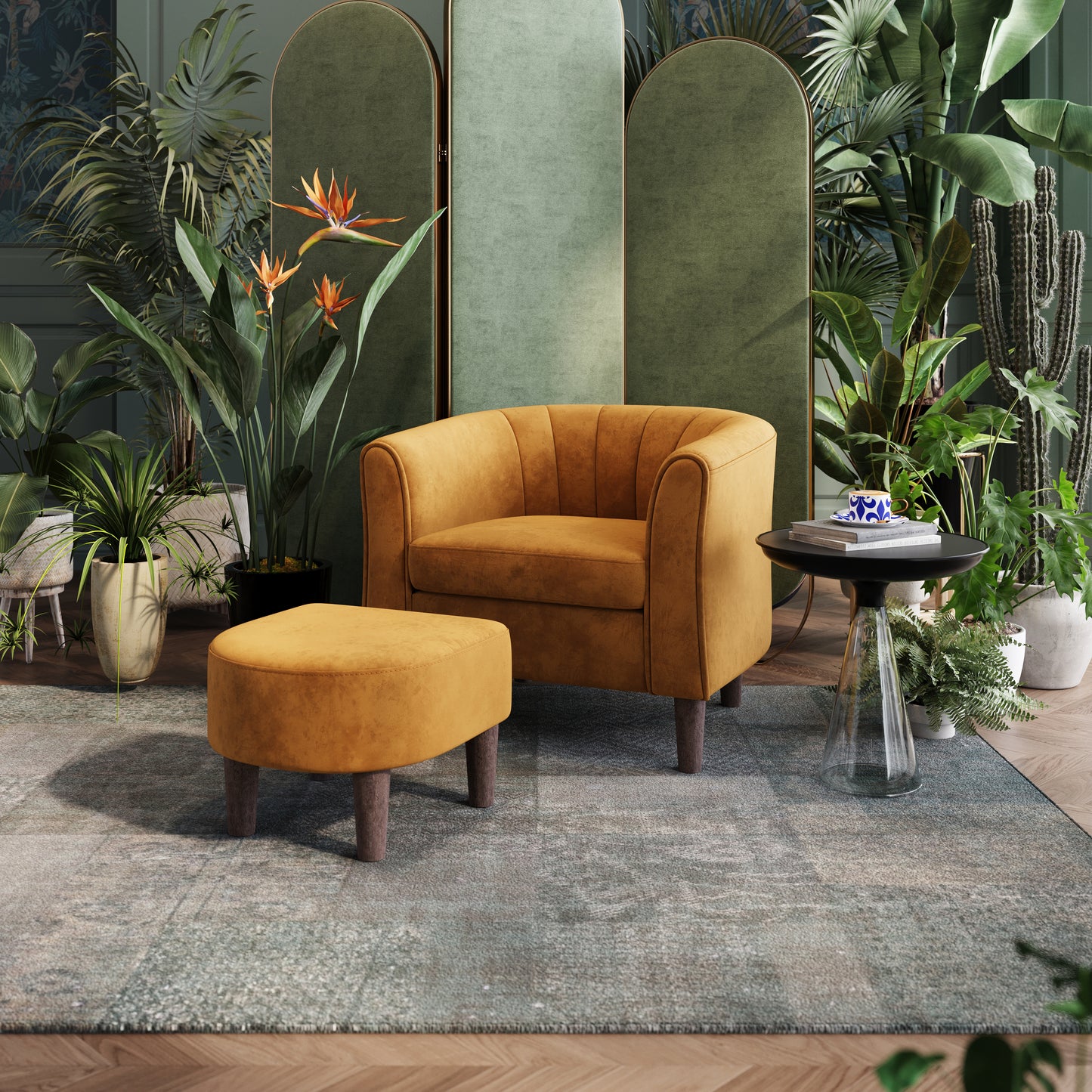 Accent Chair with Ottoman, Velvet Barrel Chair for Living Room