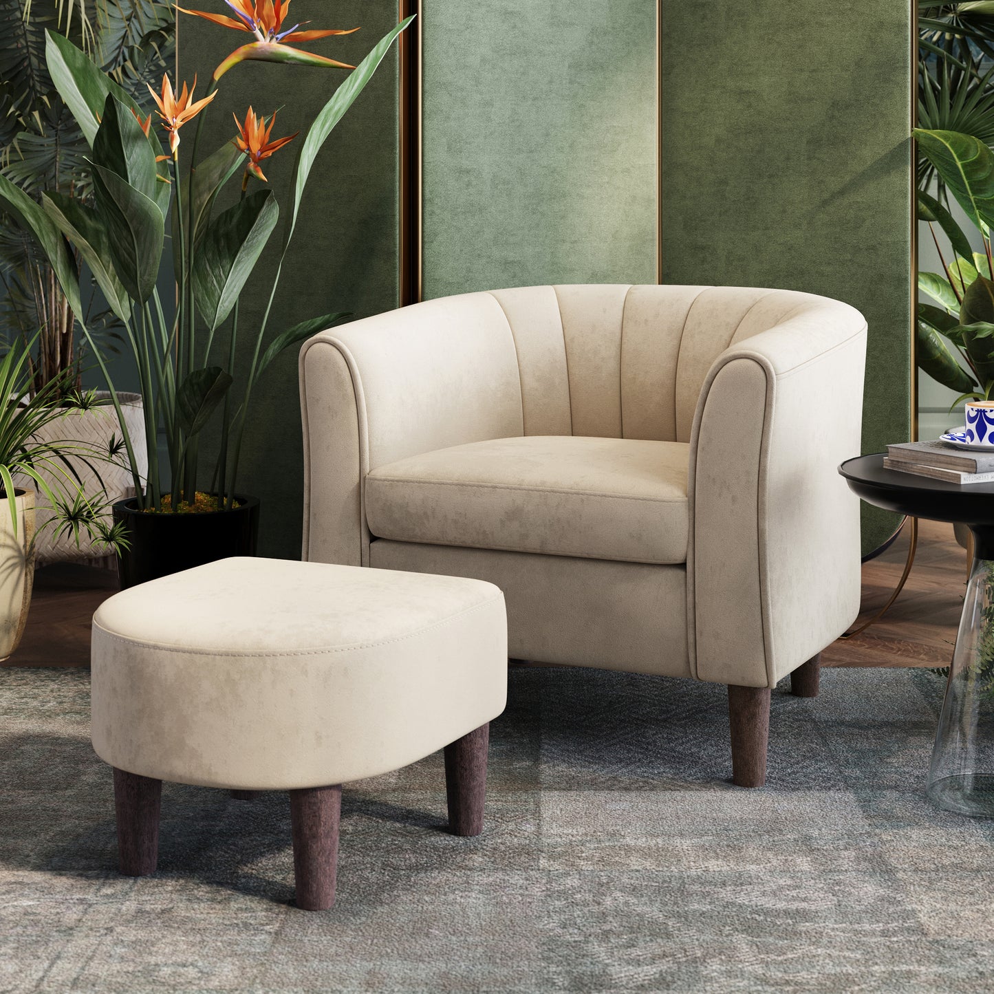 Barrel Chair with Ottoman, Velvet Accent Chair Round Armchair Reading Chair with Footrest for Bedroom, Small Spaces