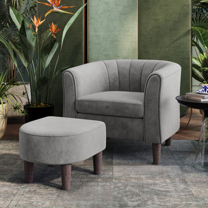 Barrel Chair with Ottoman, Velvet Accent Chair Round Armchair Reading Chair with Footrest for Bedroom, Small Spaces