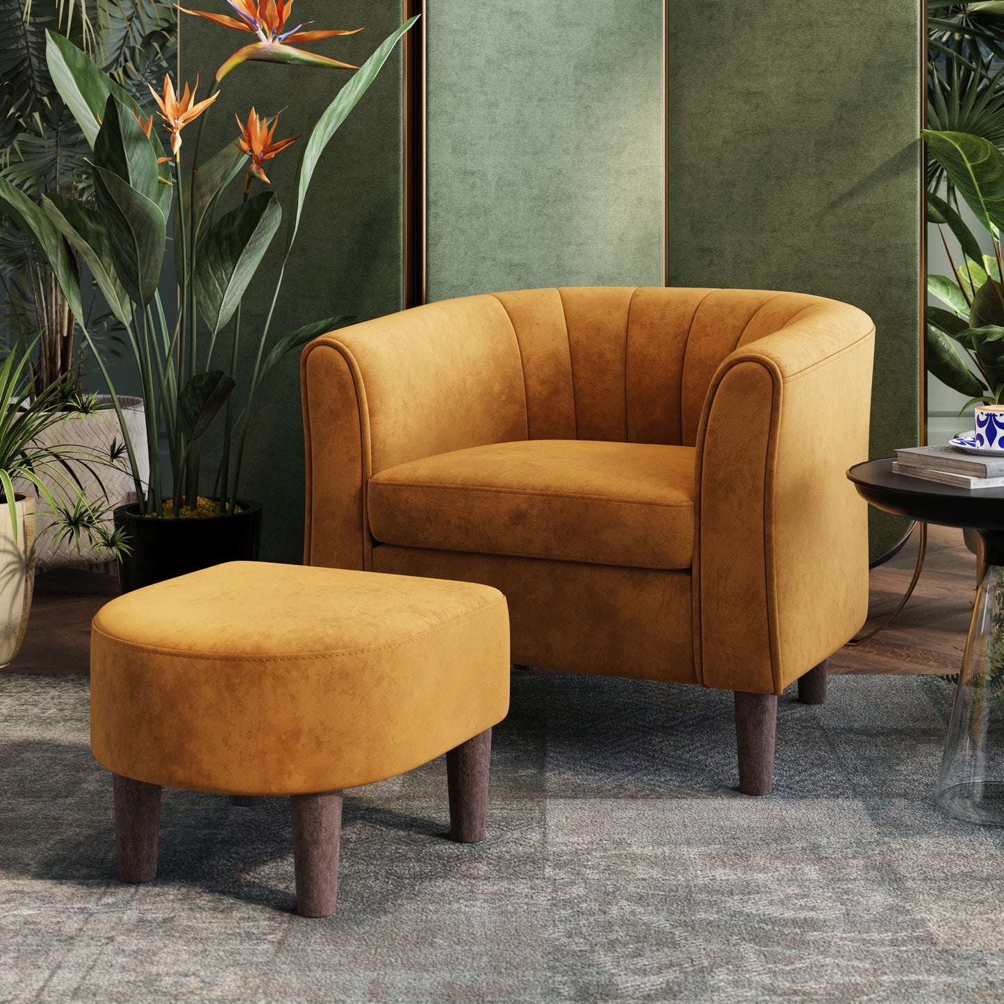 Barrel Chair with Ottoman, Velvet Accent Chair Round Armchair Reading Chair with Footrest for Bedroom, Small Spaces