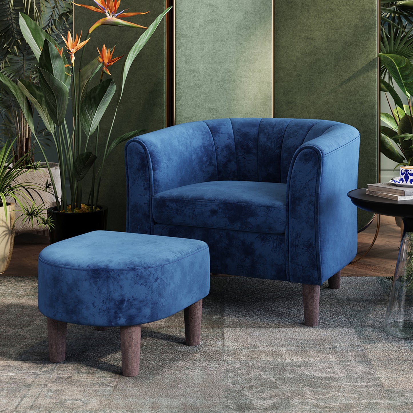 Barrel Chair with Ottoman, Velvet Accent Chair Round Armchair Reading Chair with Footrest for Bedroom, Small Spaces