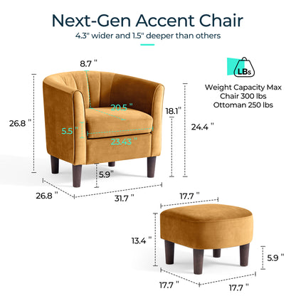 Barrel Chair with Ottoman, Velvet Accent Chair Round Armchair Reading Chair with Footrest for Bedroom, Small Spaces
