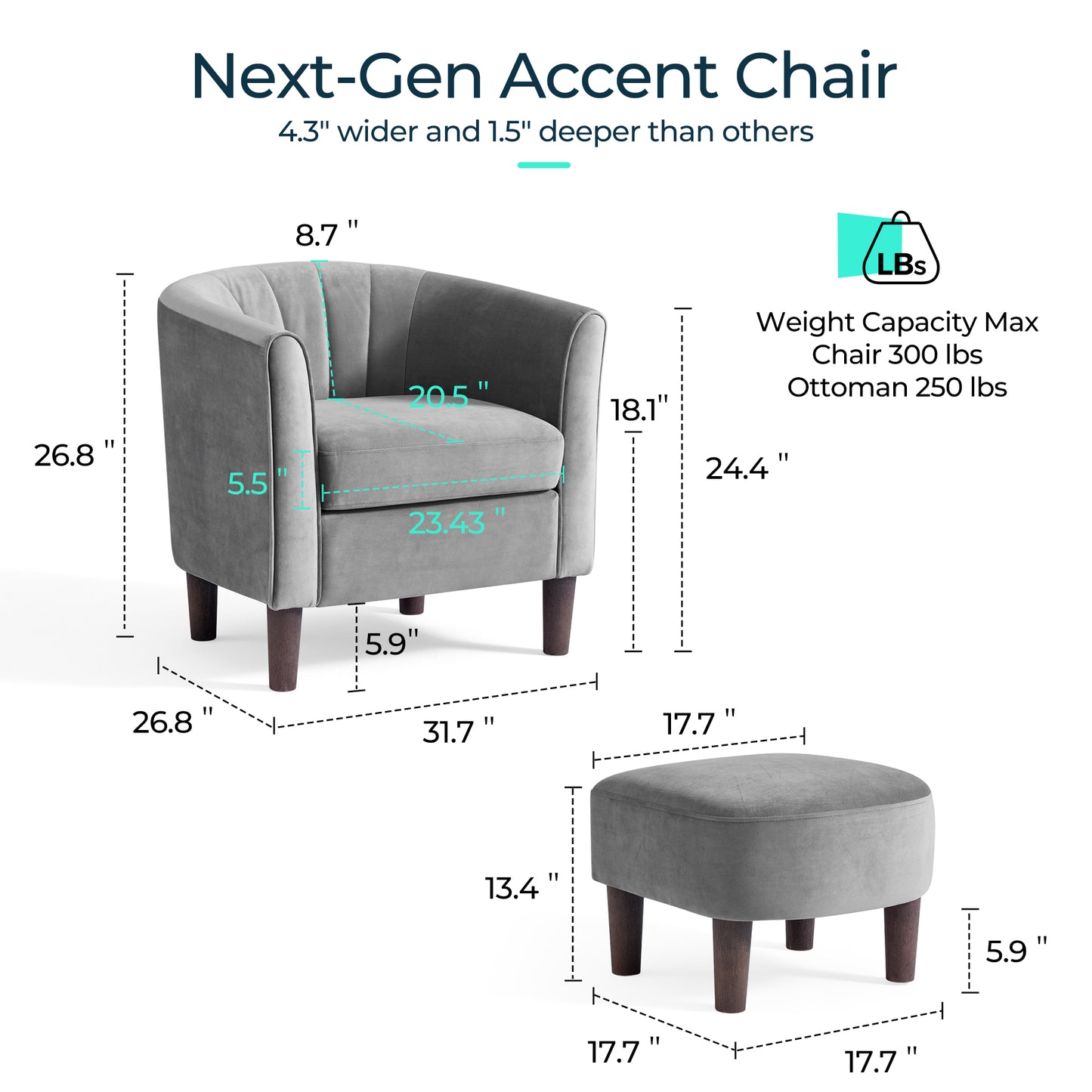 Barrel Chair with Ottoman, Velvet Accent Chair Round Armchair Reading Chair with Footrest for Bedroom, Small Spaces
