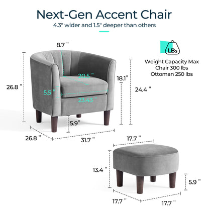 Barrel Chair with Ottoman, Velvet Accent Chair Round Armchair Reading Chair with Footrest for Bedroom, Small Spaces