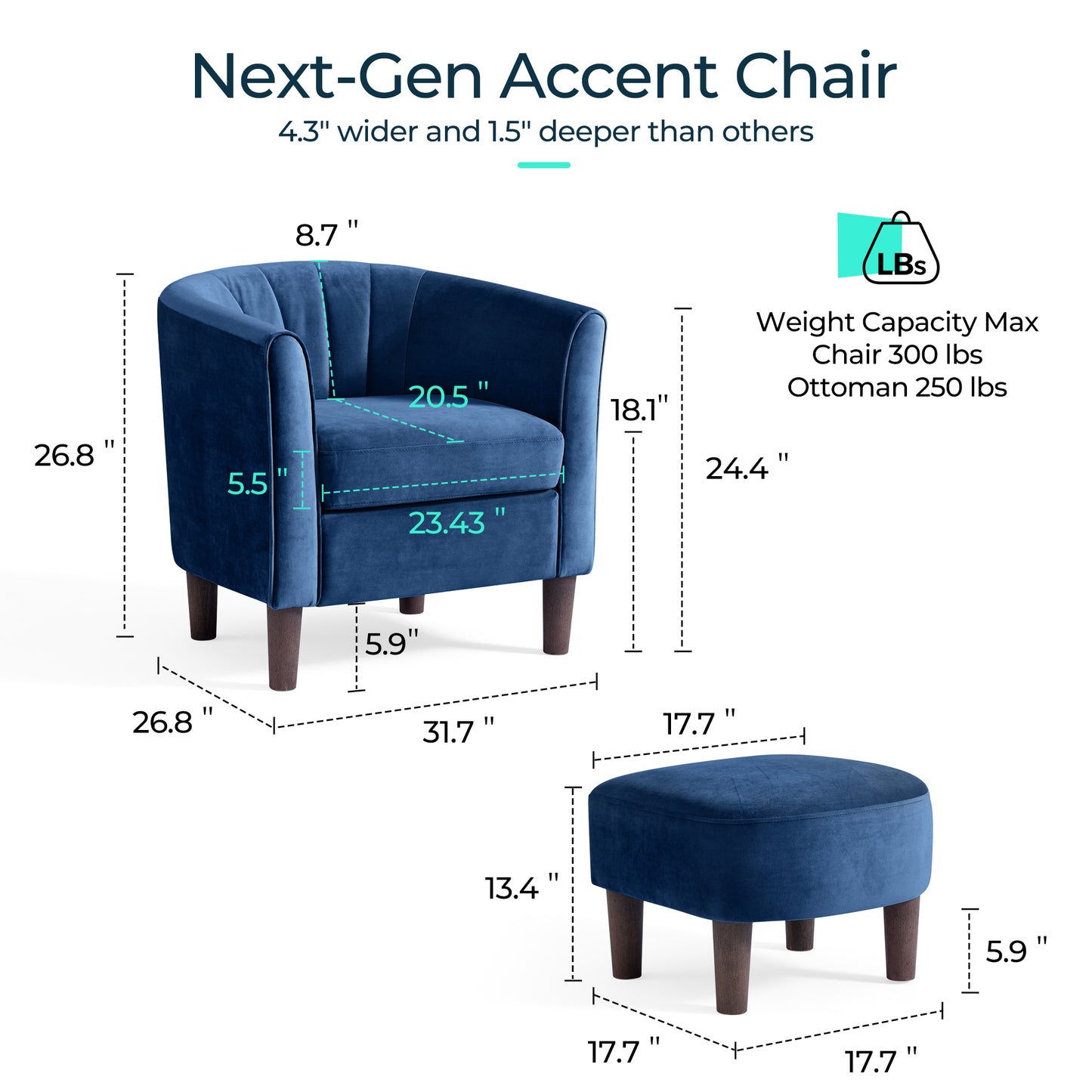 Barrel Chair with Ottoman, Velvet Accent Chair Round Armchair Reading Chair with Footrest for Bedroom, Small Spaces