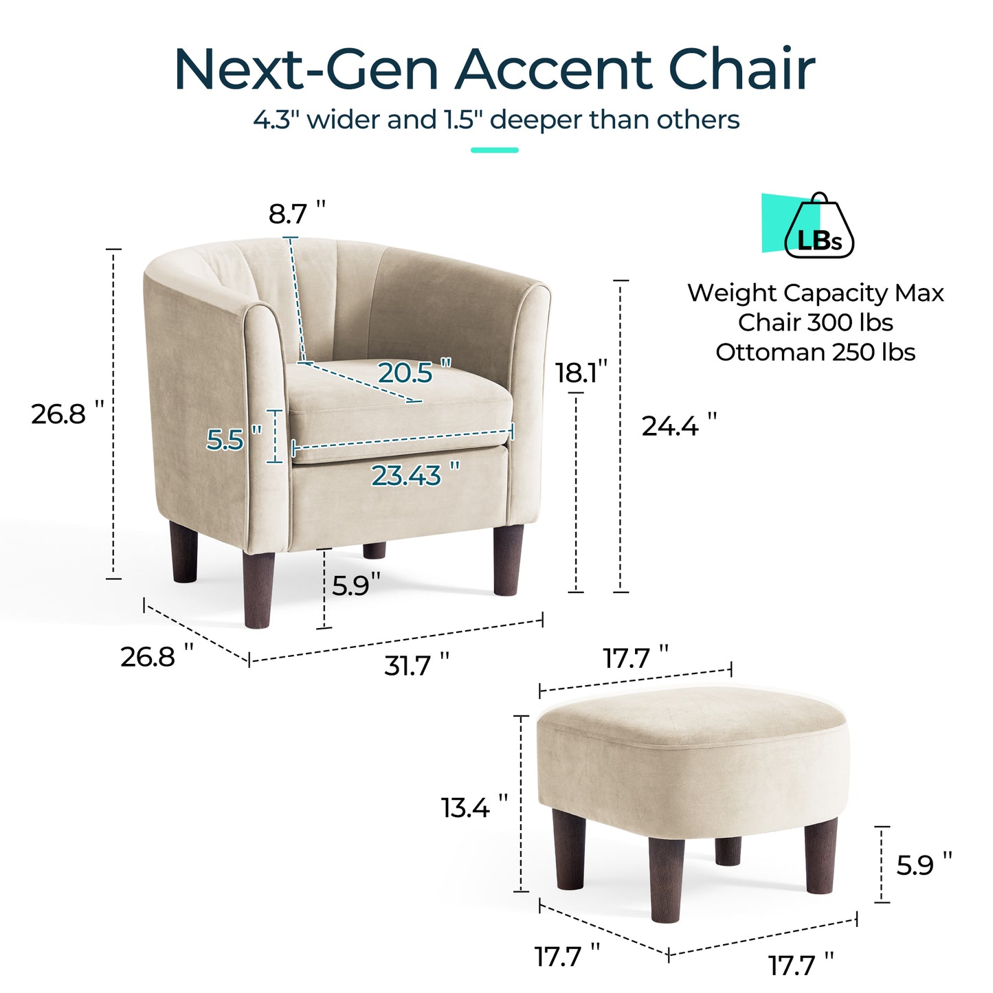 Barrel Chair with Ottoman, Velvet Accent Chair Round Armchair Reading Chair with Footrest for Bedroom, Small Spaces