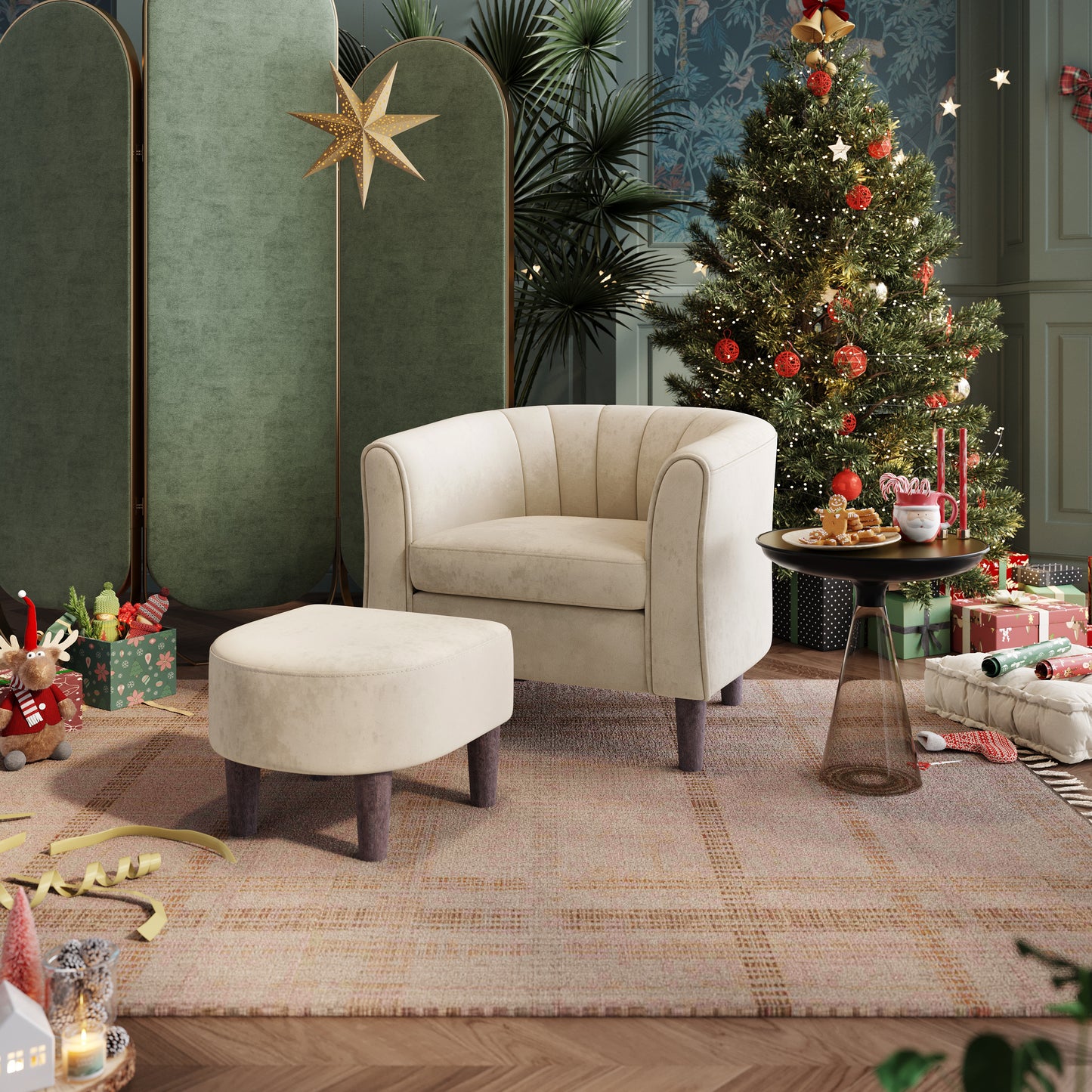 Accent Chair with Ottoman, Velvet Barrel Chair for Living Room