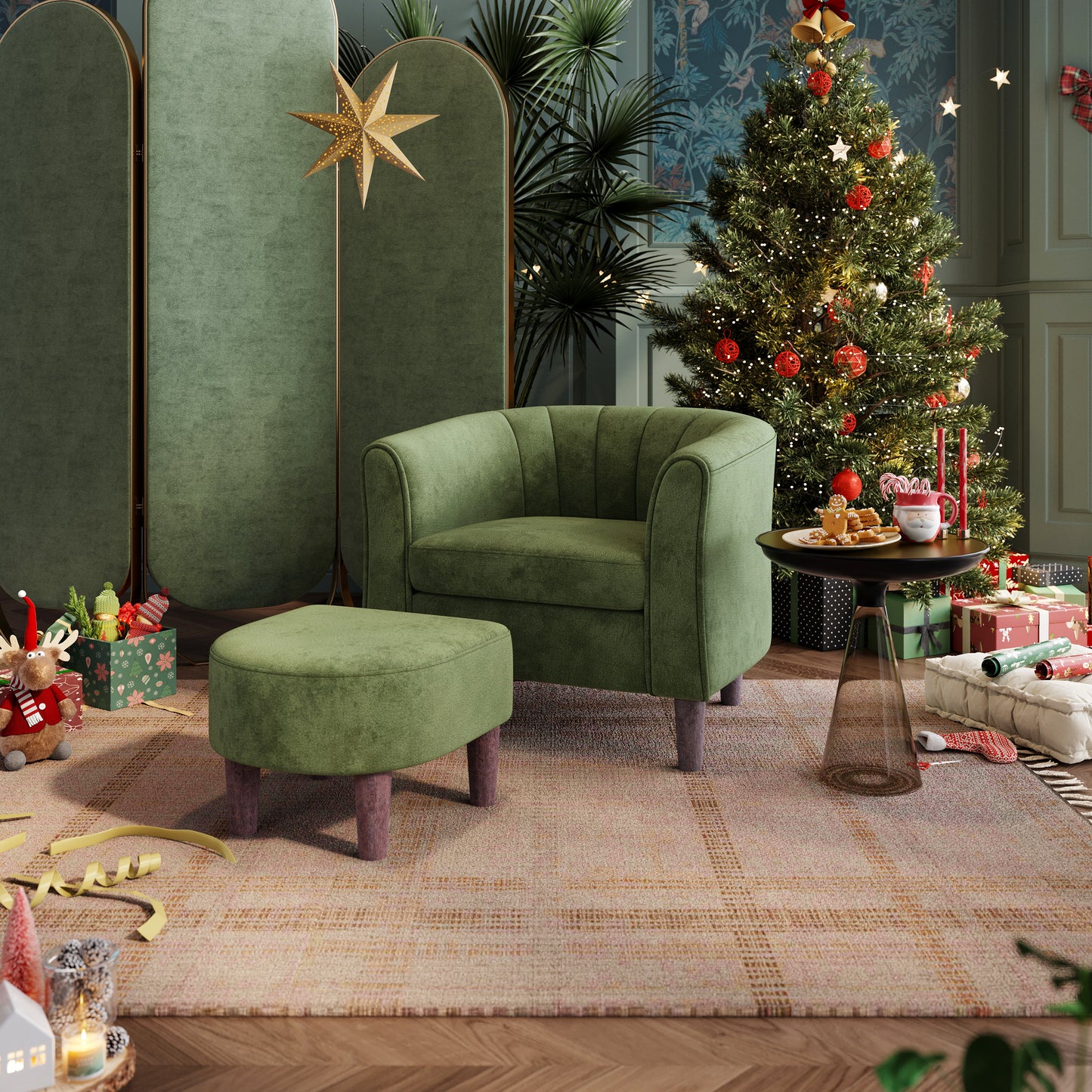 Accent Chair with Ottoman, Velvet Barrel Chair for Living Room