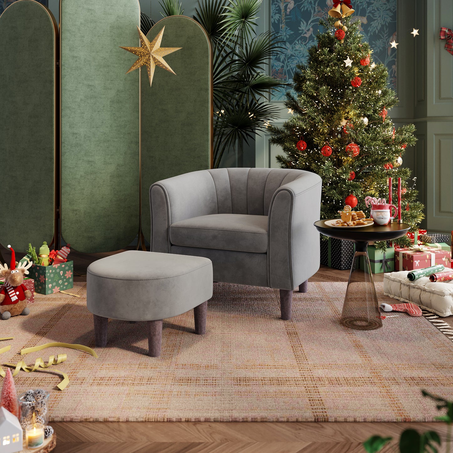 Accent Chair with Ottoman, Velvet Barrel Chair for Living Room