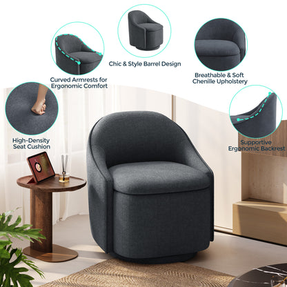 Chenille Barrel Chair with Storage, Comfy 360° Swivel Accent Armchair for Living Room, Bedroom