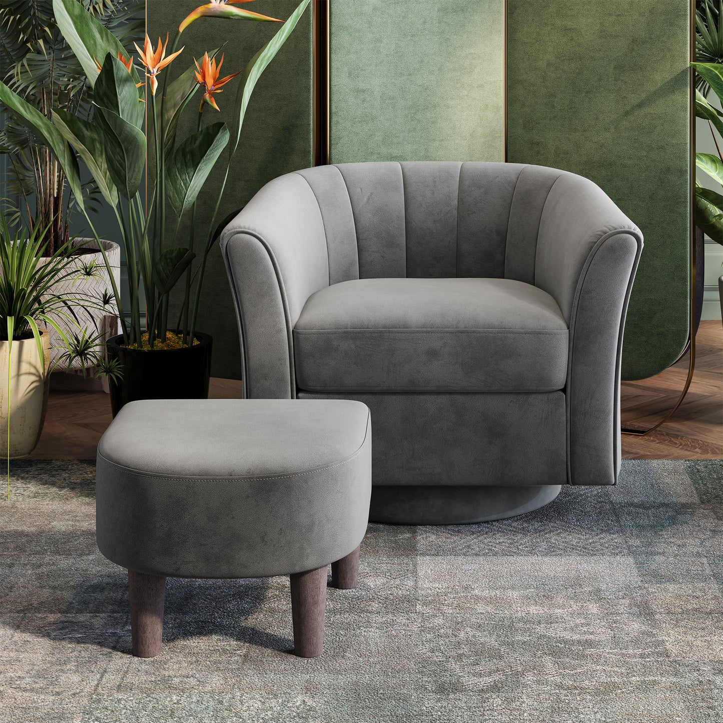 LINSY HOME LH159SF5 Swivel Accent Chair with Ottoman Velvet Barrel Chair for Living Room