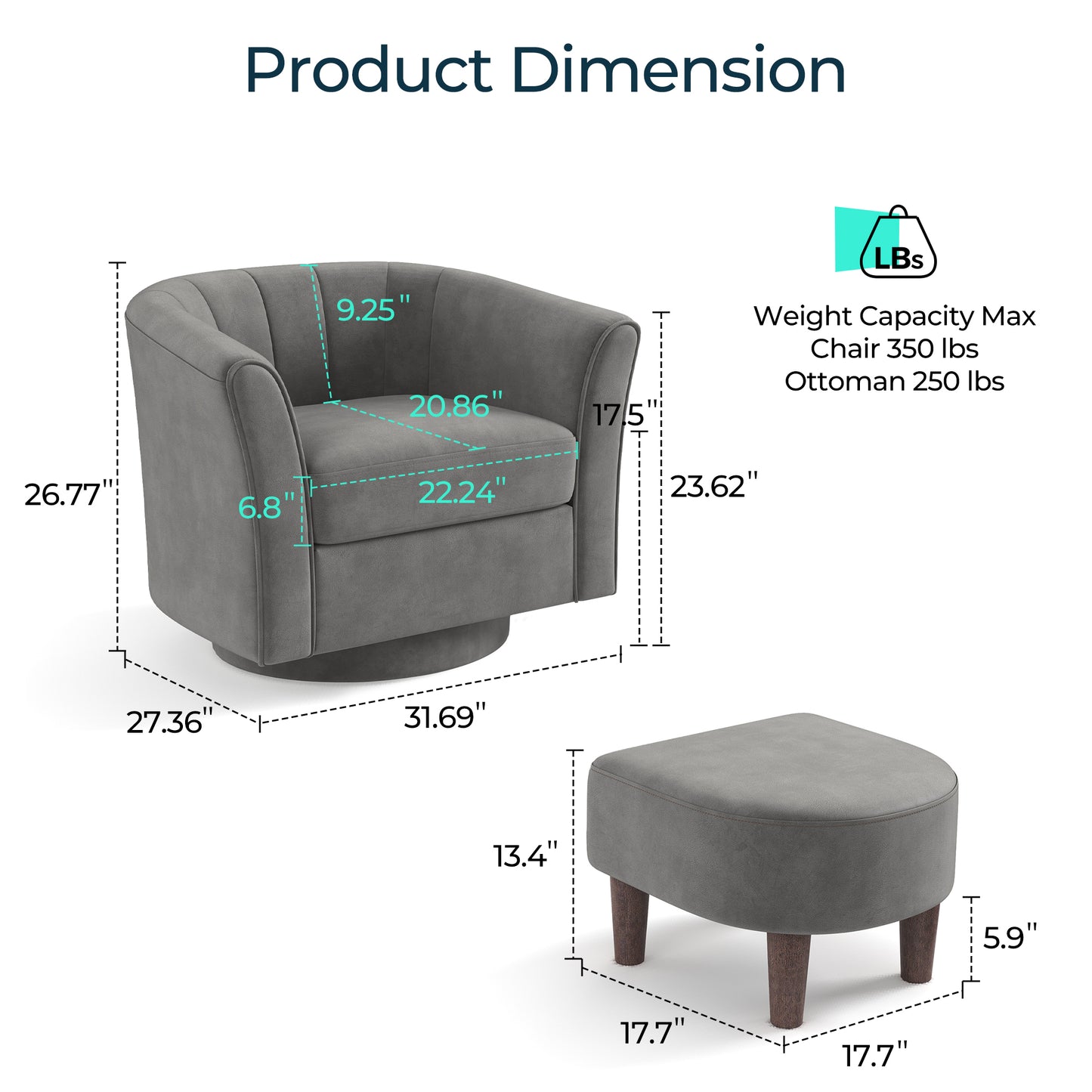 LINSY HOME LH159SF5 Swivel Accent Chair with Ottoman Velvet Barrel Chair for Living Room