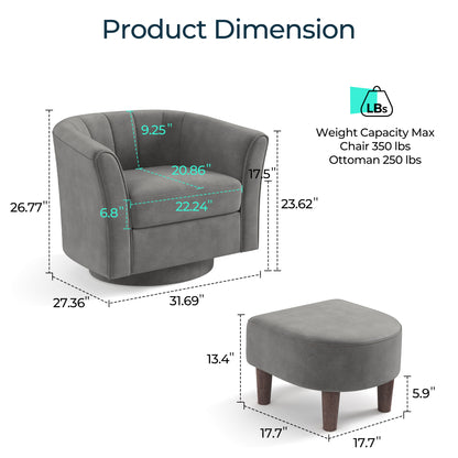 LINSY HOME LH159SF5 Swivel Accent Chair with Ottoman Velvet Barrel Chair for Living Room
