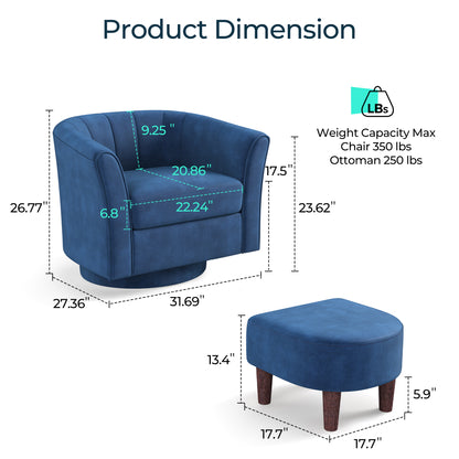 LINSY HOME LH159SF5 Swivel Accent Chair with Ottoman Velvet Barrel Chair for Living Room