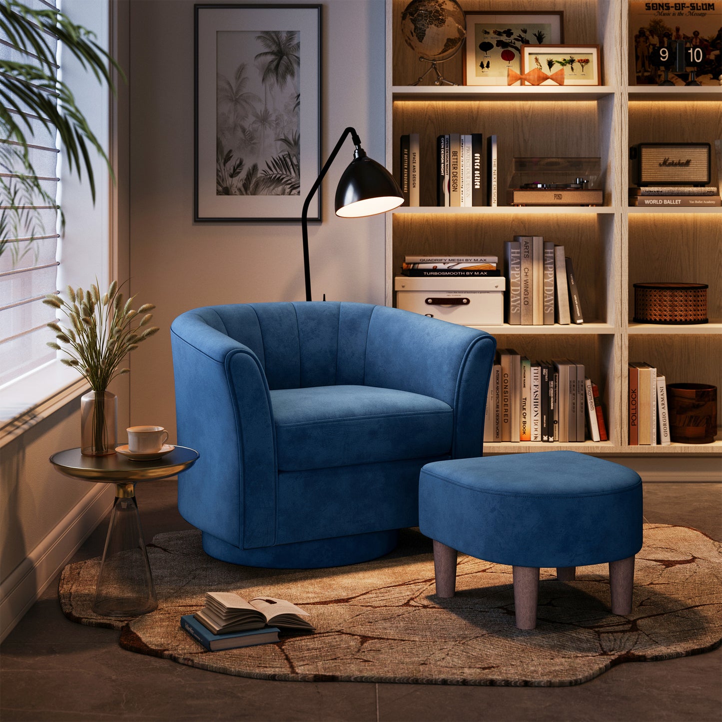 LINSY HOME LH159SF5 Swivel Accent Chair with Ottoman Velvet Barrel Chair for Living Room