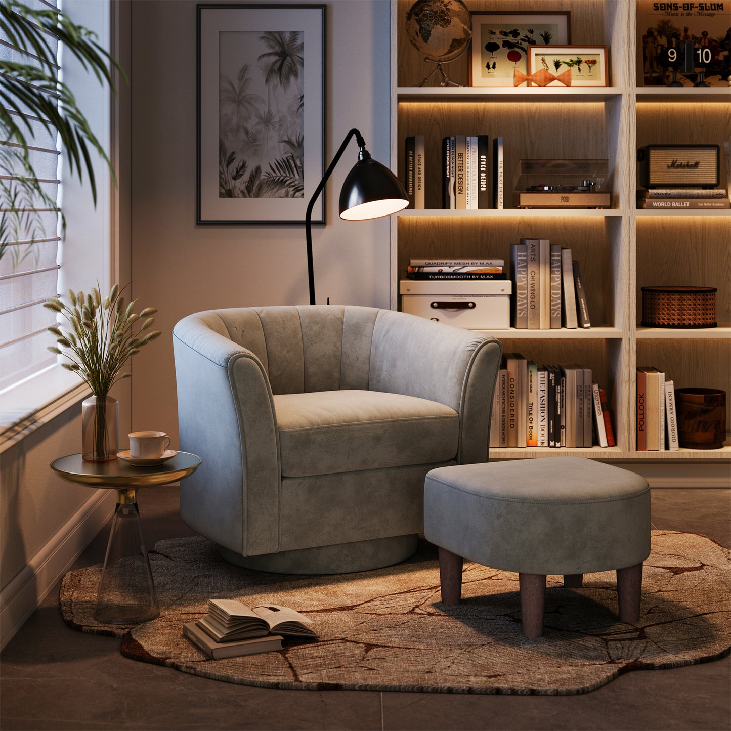 LINSY HOME LH159SF5 Swivel Accent Chair with Ottoman Velvet Barrel Chair for Living Room