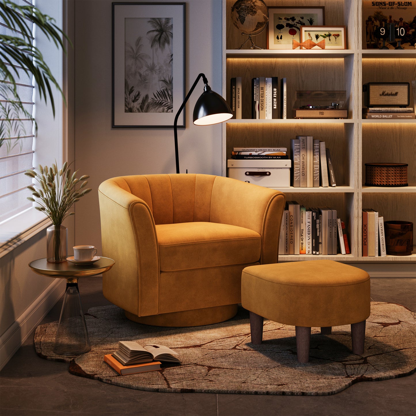 LINSY HOME LH159SF5 Swivel Accent Chair with Ottoman Velvet Barrel Chair for Living Room