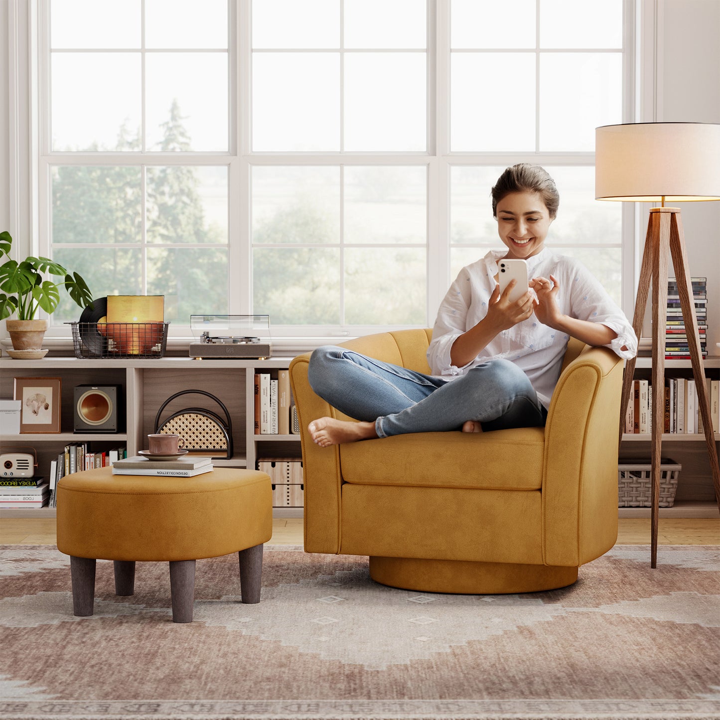 LINSY HOME LH159SF5 Swivel Accent Chair with Ottoman Velvet Barrel Chair for Living Room