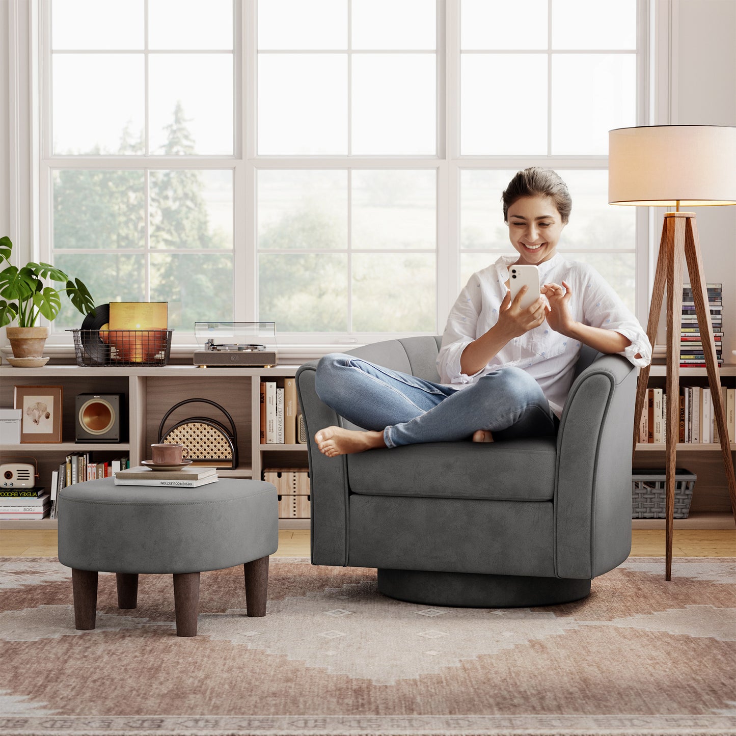 LINSY HOME LH159SF5 Swivel Accent Chair with Ottoman Velvet Barrel Chair for Living Room