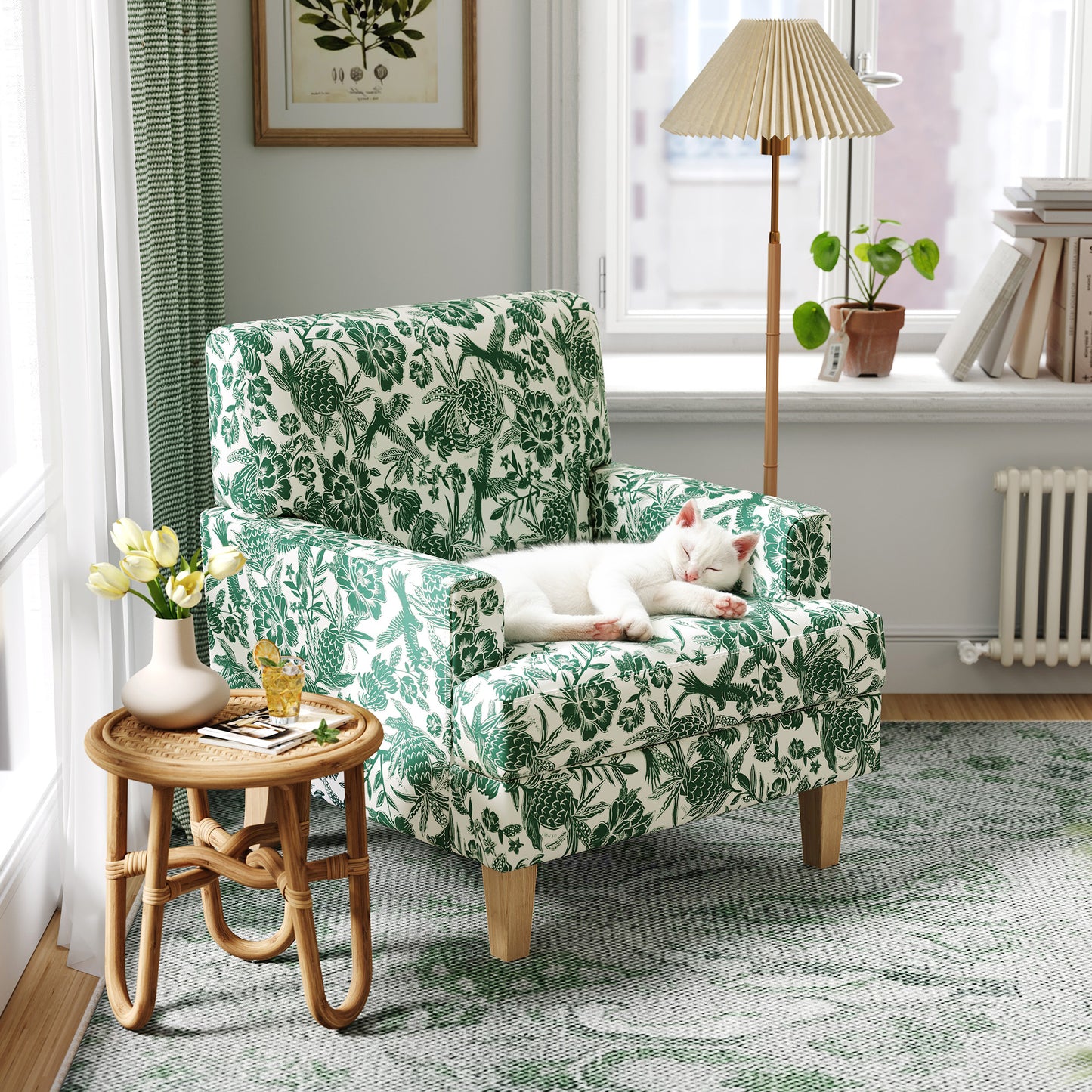 Floral Accent Armchair, Upholstered Lounge Chair with Wooden Legs for Living Room, Bedroom, or Reading Nook