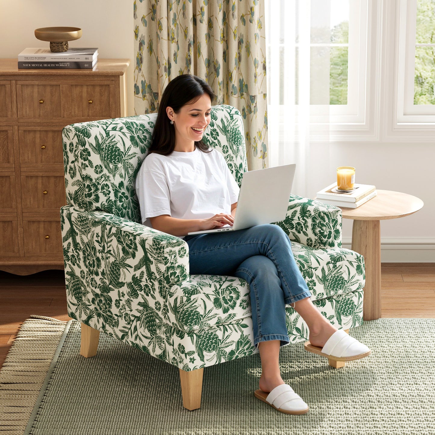 Floral Accent Armchair, Upholstered Lounge Chair with Wooden Legs for Living Room, Bedroom, or Reading Nook