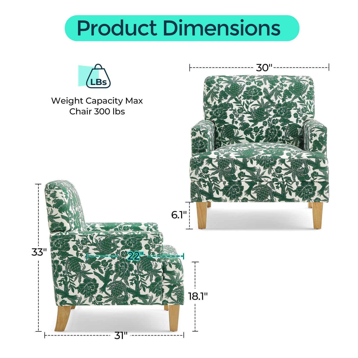 Floral Accent Armchair, Upholstered Lounge Chair with Wooden Legs for Living Room, Bedroom, or Reading Nook