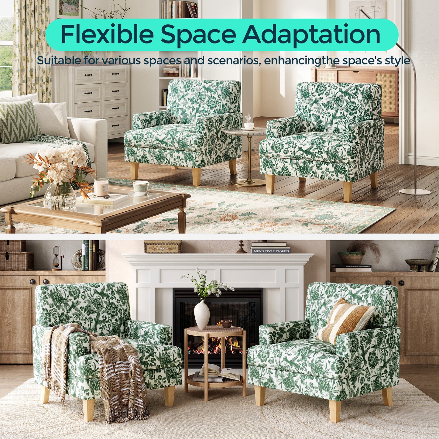 Floral Accent Armchair, Upholstered Lounge Chair with Wooden Legs for Living Room, Bedroom, or Reading Nook