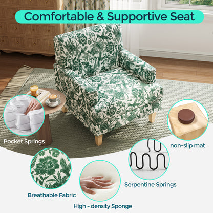Floral Accent Armchair, Upholstered Lounge Chair with Wooden Legs for Living Room, Bedroom, or Reading Nook