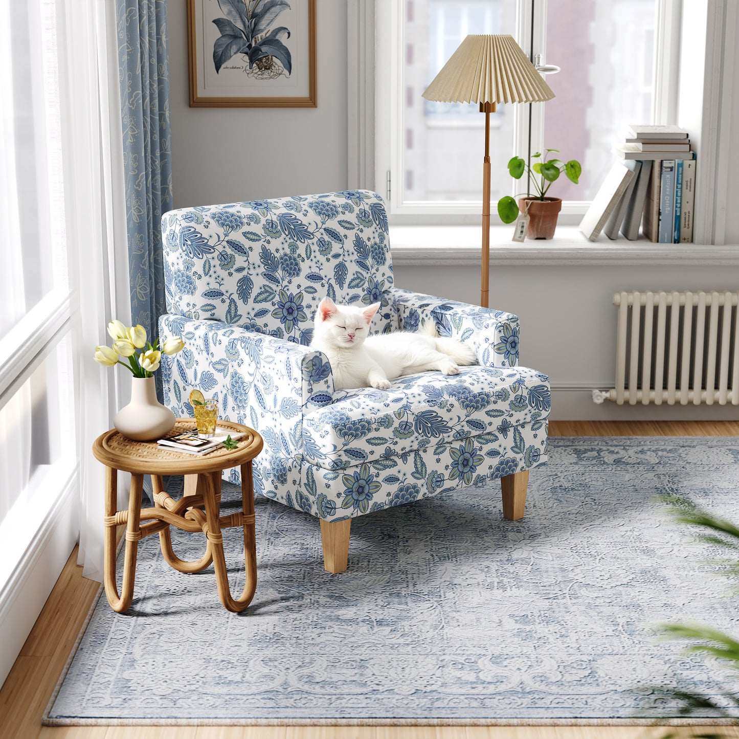 Floral Accent Armchair, Upholstered Lounge Chair with Wooden Legs for Living Room, Bedroom, or Reading Nook