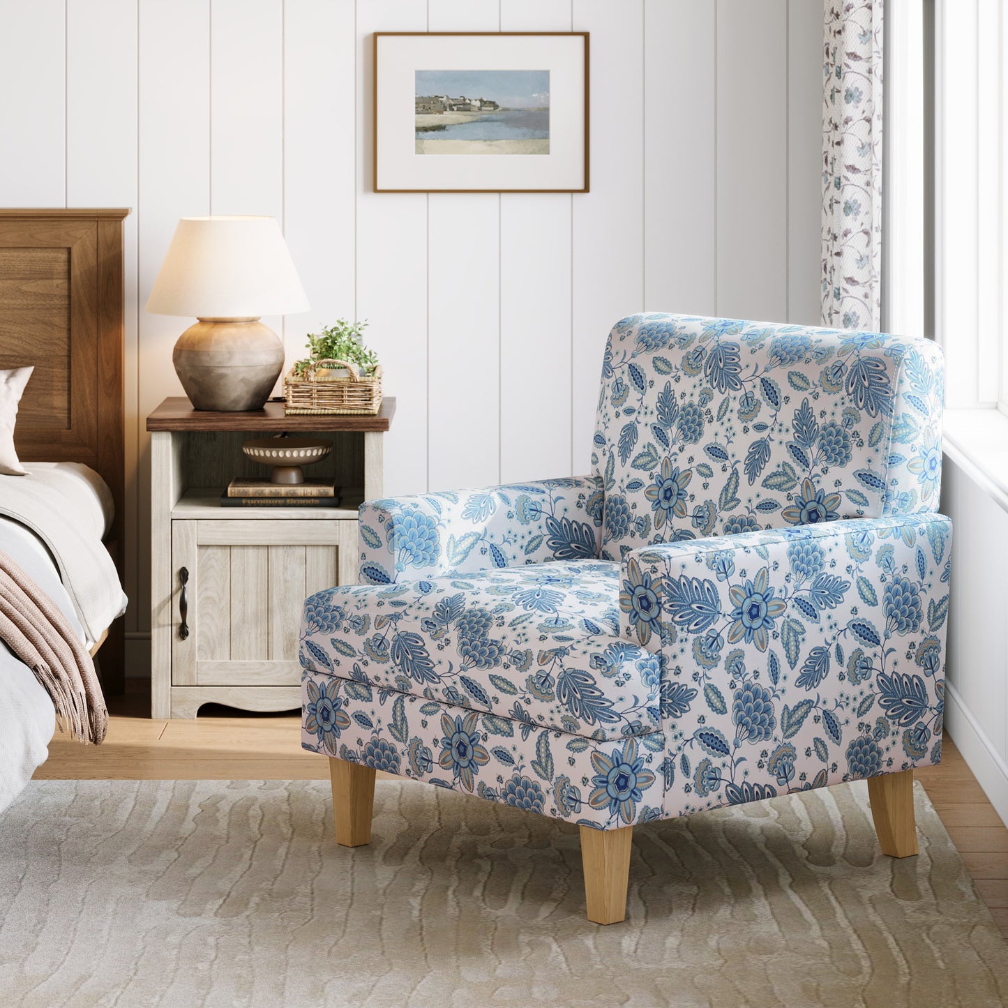 Floral Accent Armchair, Upholstered Lounge Chair with Wooden Legs for Living Room, Bedroom, or Reading Nook