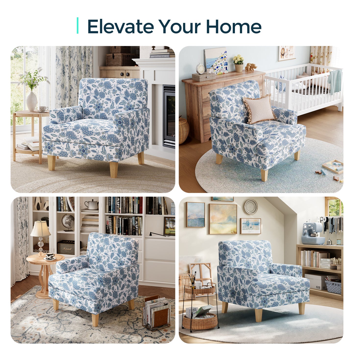 Floral Accent Armchair, Upholstered Lounge Chair with Wooden Legs for Living Room, Bedroom, or Reading Nook