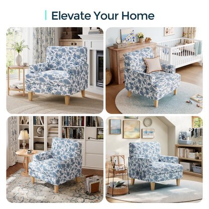 Floral Accent Armchair, Upholstered Lounge Chair with Wooden Legs for Living Room, Bedroom, or Reading Nook