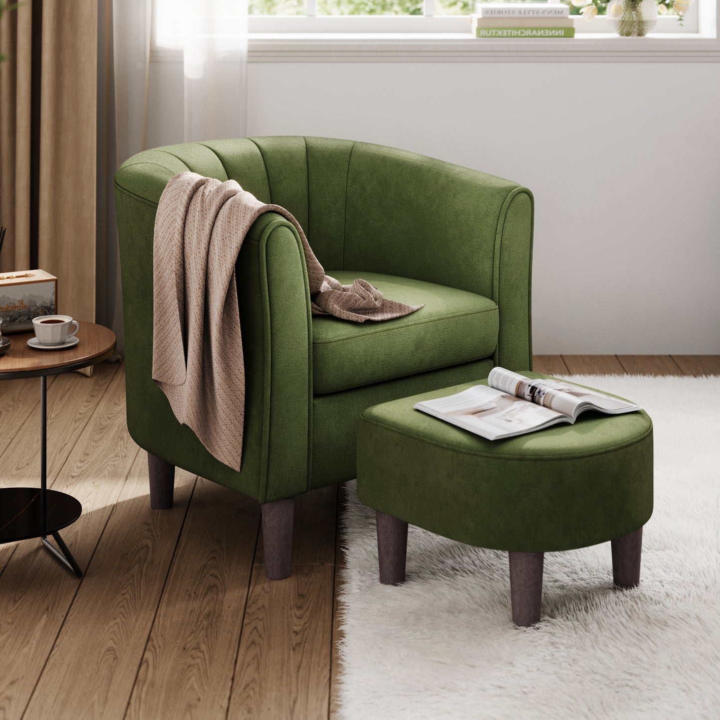 Barrel Chair with Ottoman, Velvet Accent Chair Round Armchair Reading Chair with Footrest for Bedroom, Small Spaces