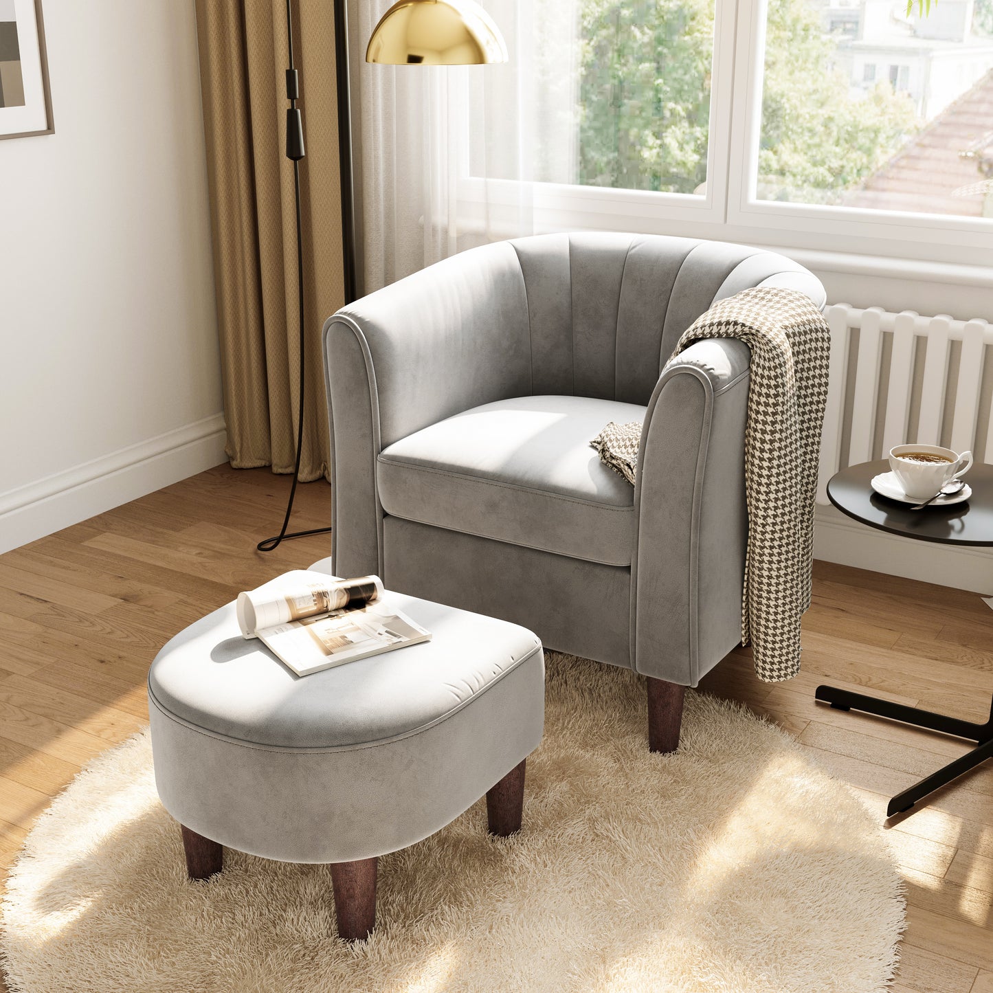 Barrel Chair with Ottoman, Velvet Accent Chair Round Armchair Reading Chair with Footrest for Bedroom, Small Spaces